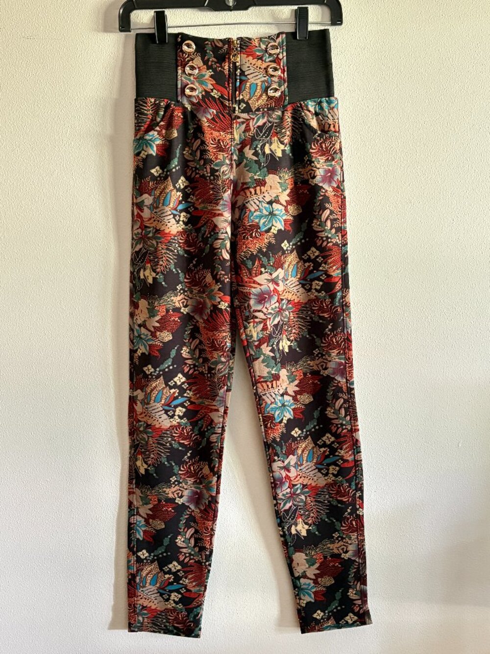 High-Waisted Floral Tapestry Leggings with Front Zip & Button Detail